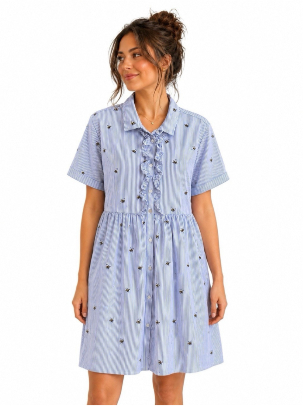 Kate Spade Abuzz Bee Print Stripe Shirt Dress Blue White Ruffle Button Front L